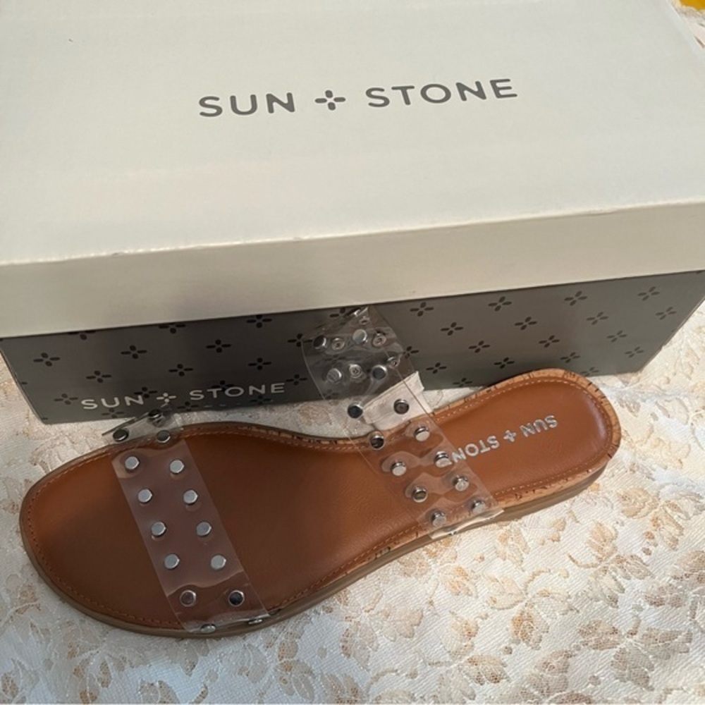 Sun & Stone Easton2P Silver Tone Studs on Clear Sandals NIB Sz 9 Macy’s Buy